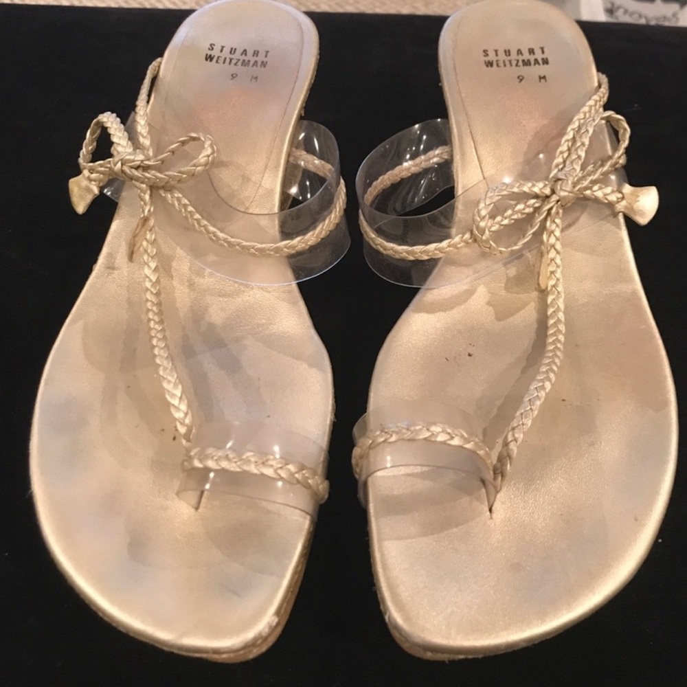 Stuart weitzman gold wedges with clear straps